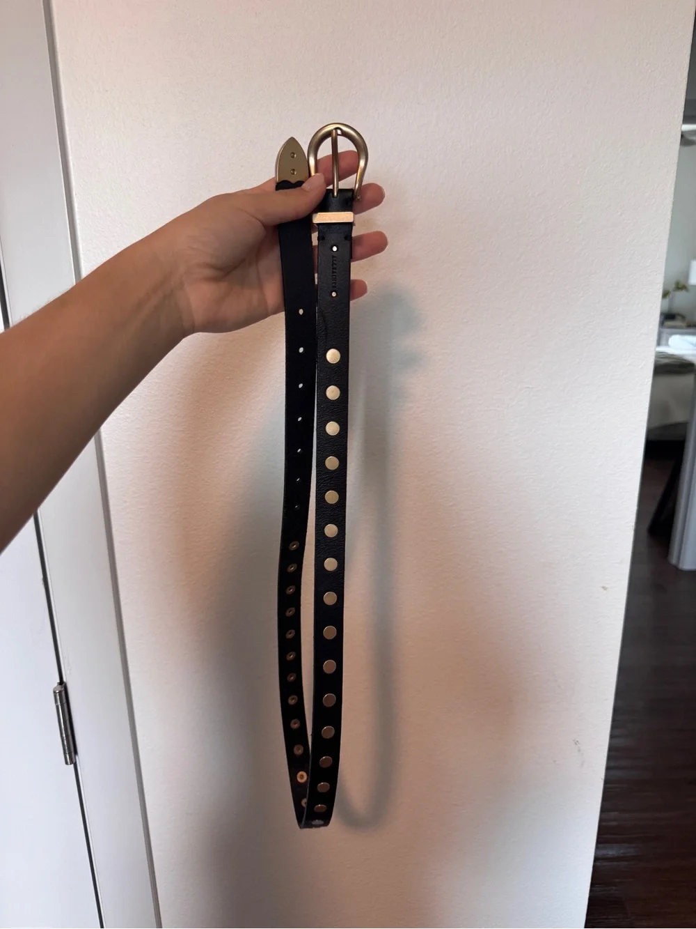AllSaints Black Leather Belt with Gold Studs and Buckle